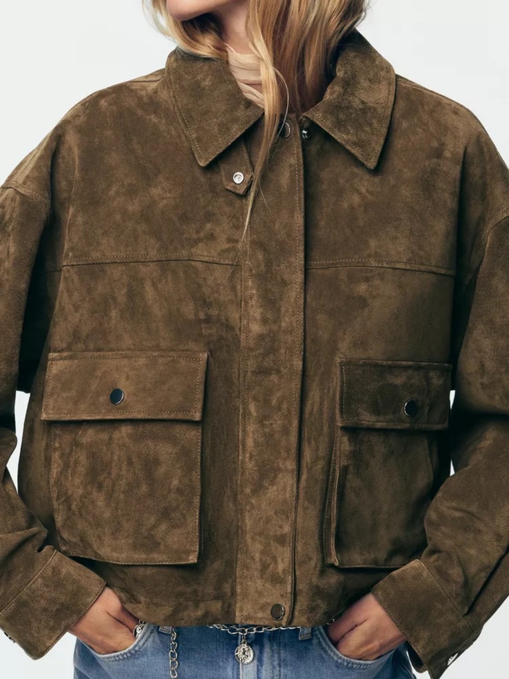 NWT Zara 100% Leather Suede Bomber Jacket Khaki Dusty Cocoa Brown - Picture 4 of 14